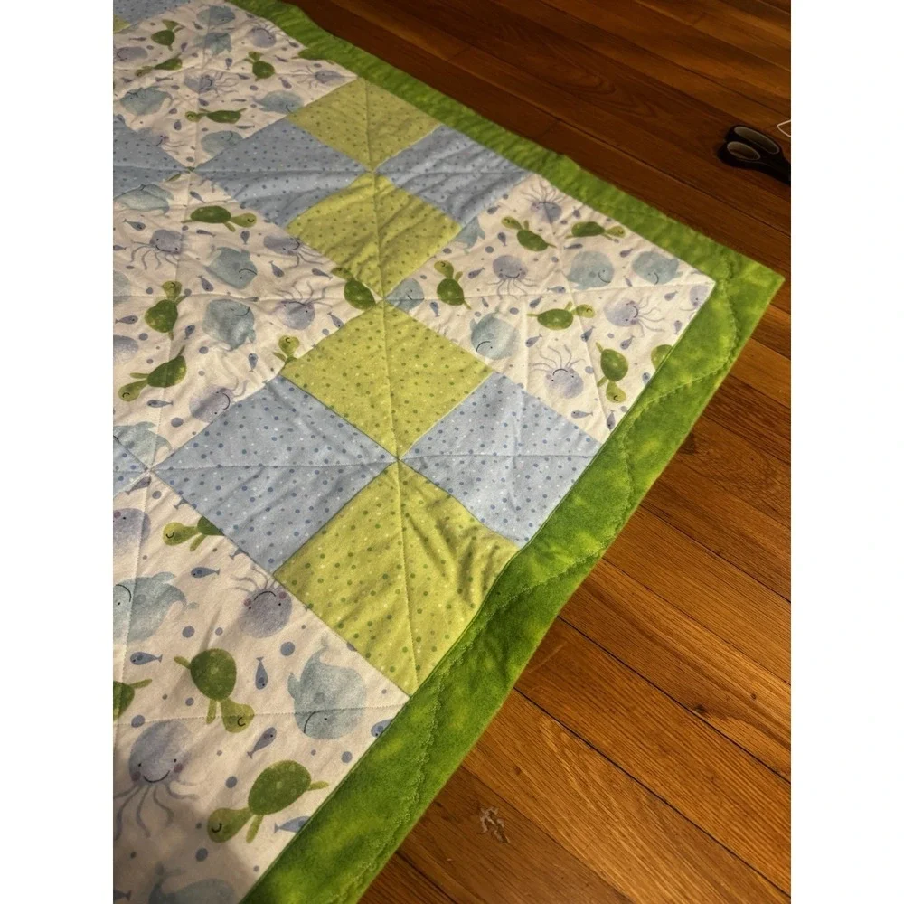 Handmade Baby Quilt Crib Blanket Patchwork Sea Life Blue Green Turtles Jellyfish